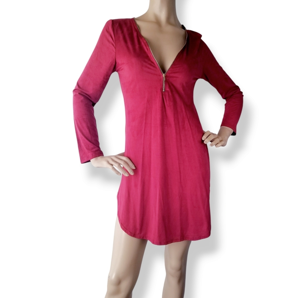 Cleo Red Faux Suede Long Sleeve Front Zipper Dress